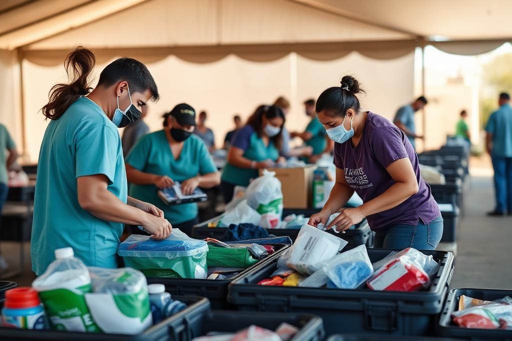 Dental volunteers packing supplies at a community outreach event in the Central Valley.